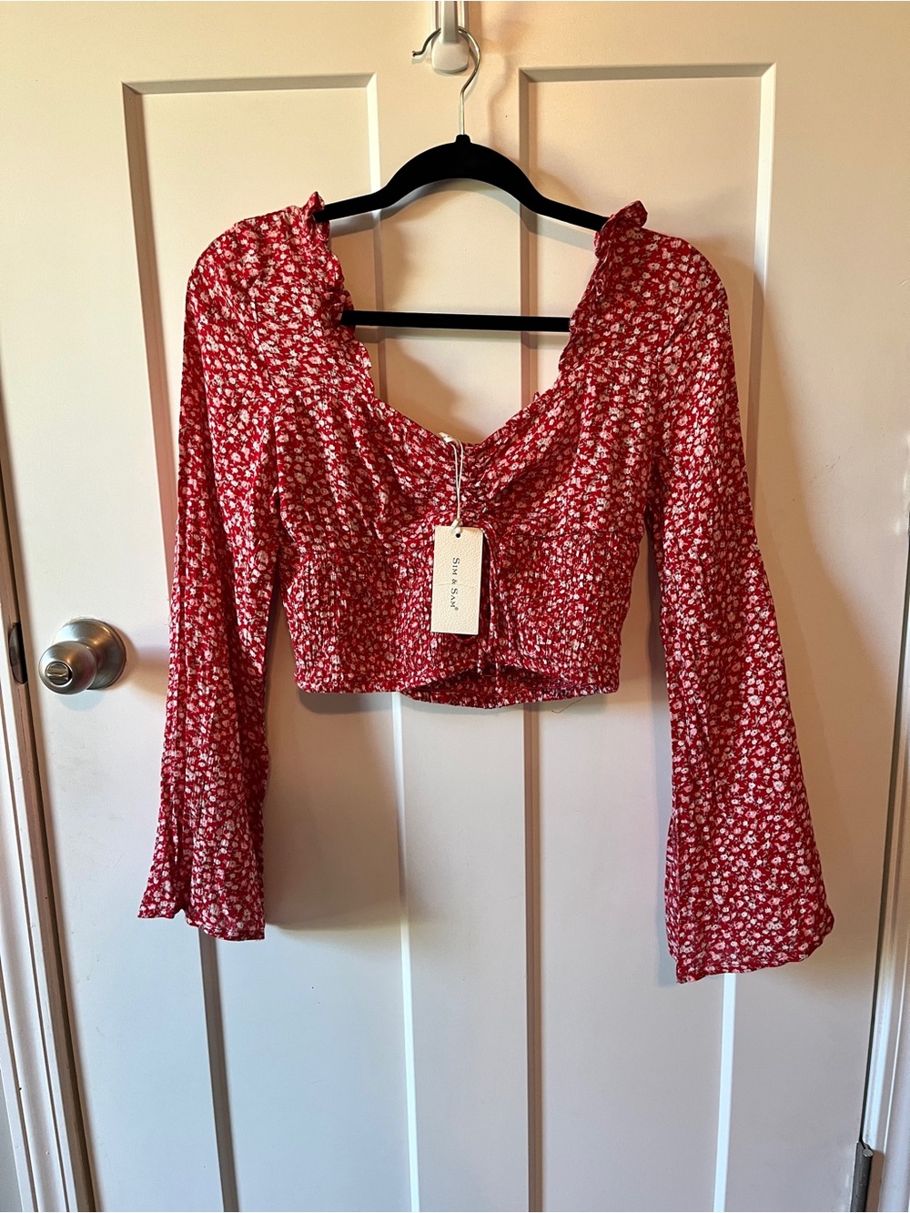 Sim & Sam Red Floral Long-Sleeve Peasant Crop Top